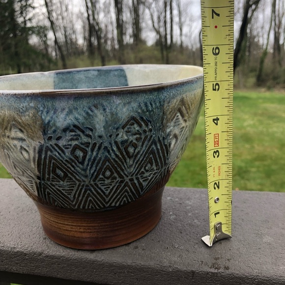 Vintage Pottery Craft Bowl - USA - Textured Geometric Design - Blue Brown Tan - Picture 7 of 10